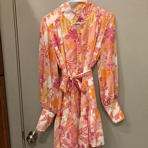 Multicolored Floral Mini Dress with Cuffed Sleeves